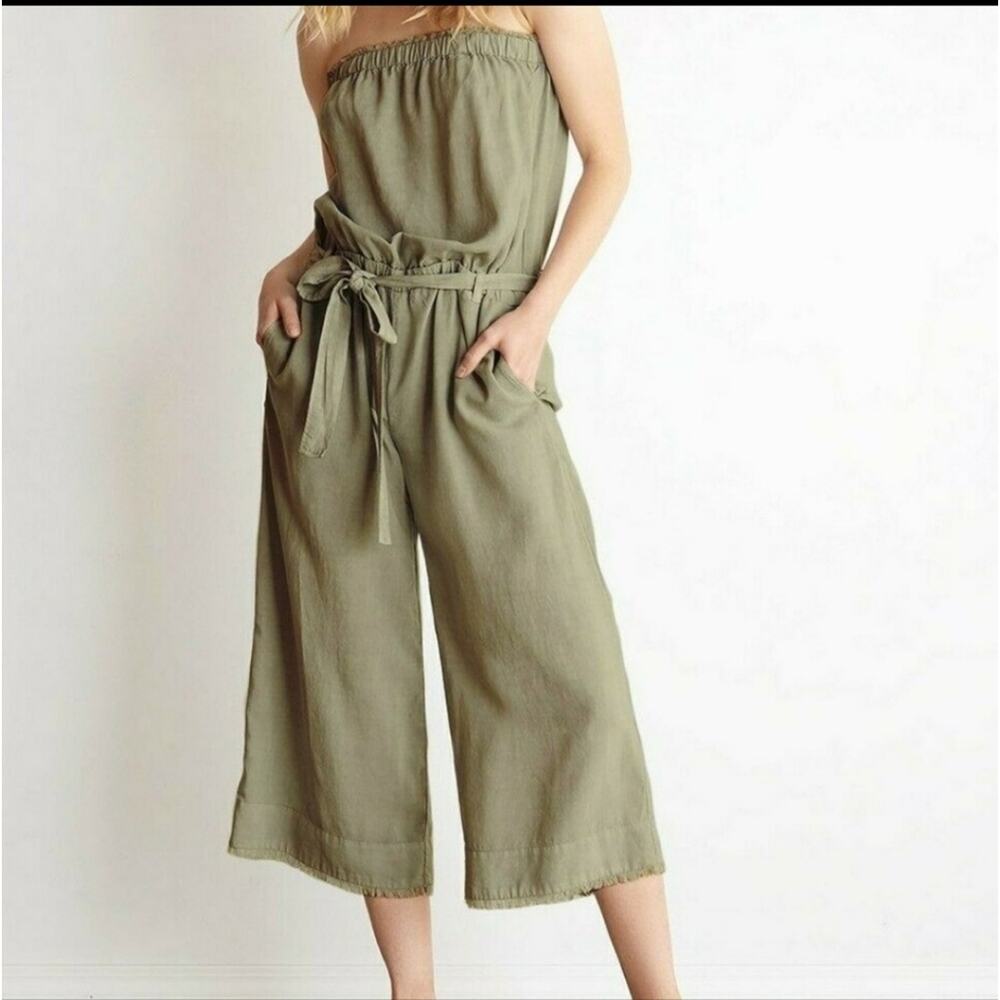 Anthropologie Cloth & Stone Wide Leg Tie Waist Strapless Crop Jumpsuit Size S